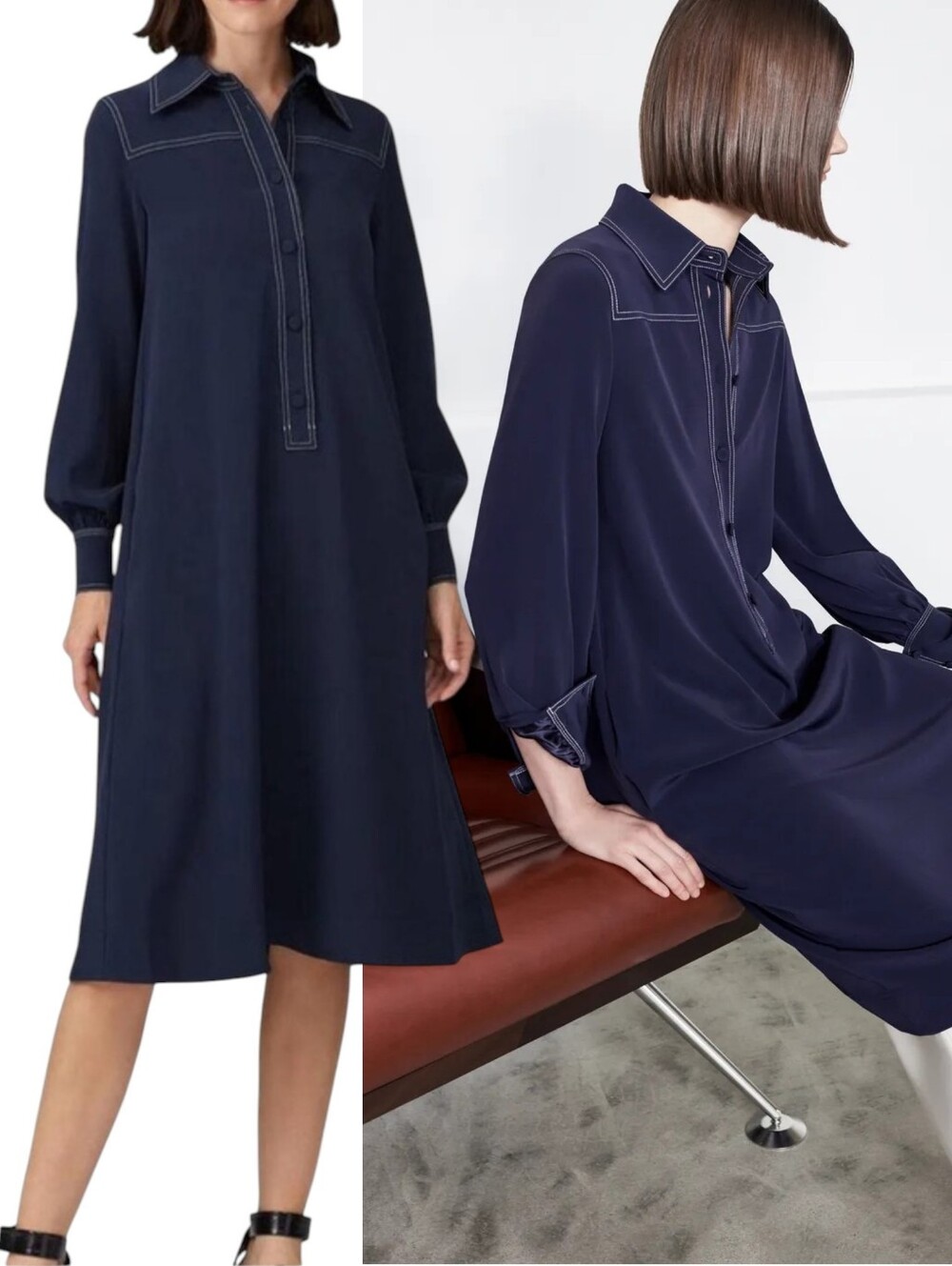 Co Navy White Stich Midi Dress M